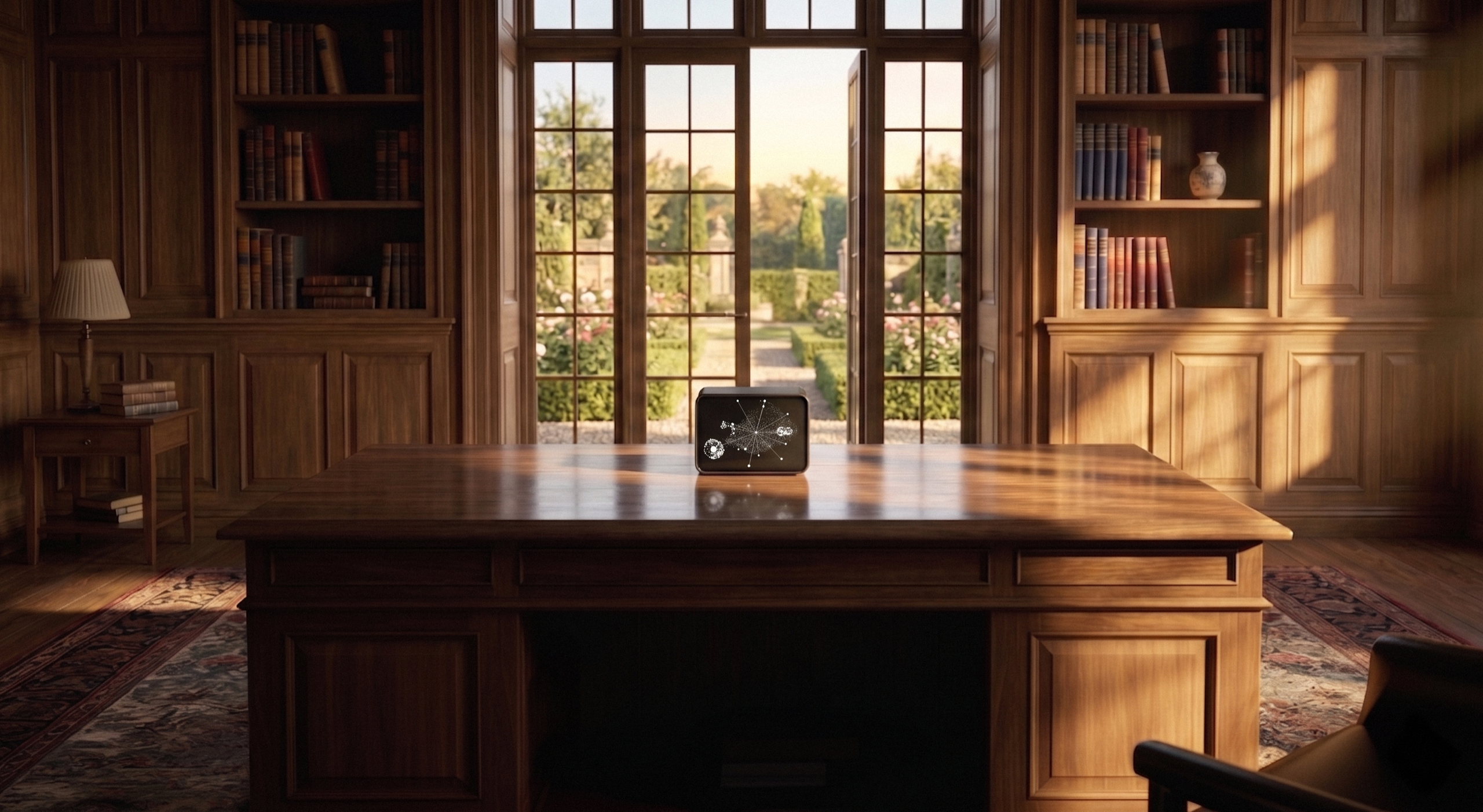 The Virtues server on a walnut table in a sunlit wood-paneled study.