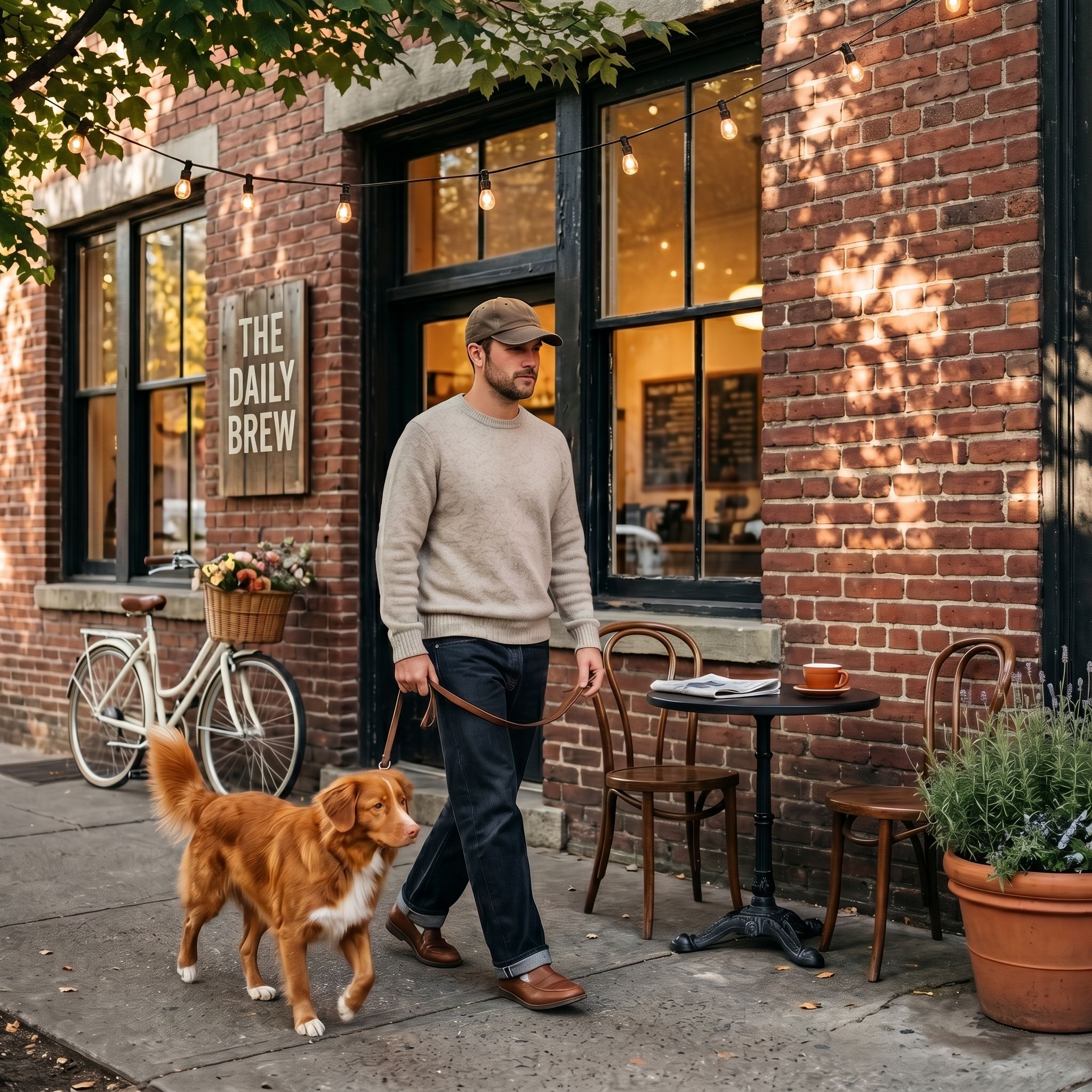 A man walks his retriever past a brick-front coffee shop in afternoon light.